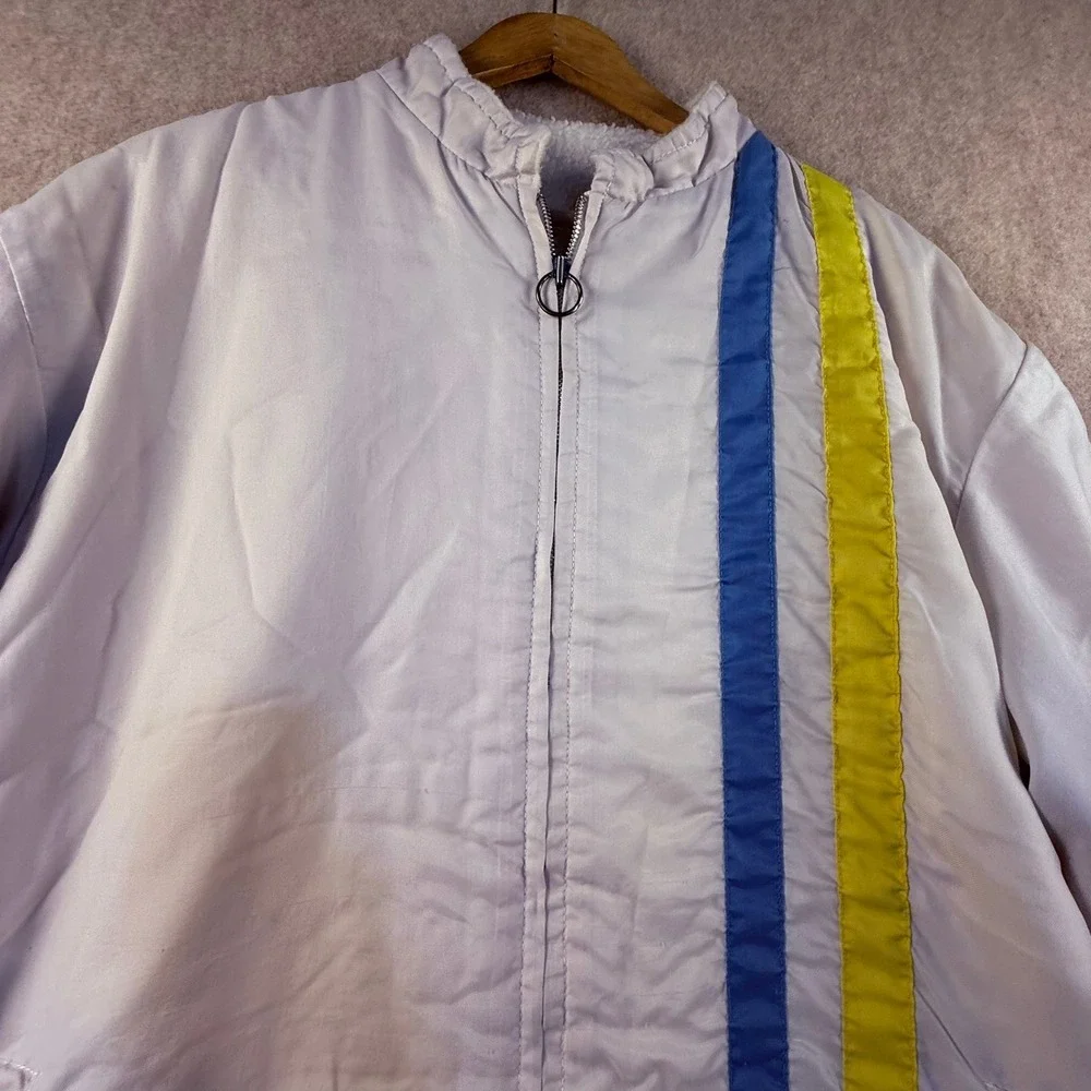 70's VTG White Bomber Jacket Racing Stripes USA Flag Sherpa Lined Full Zip T1957